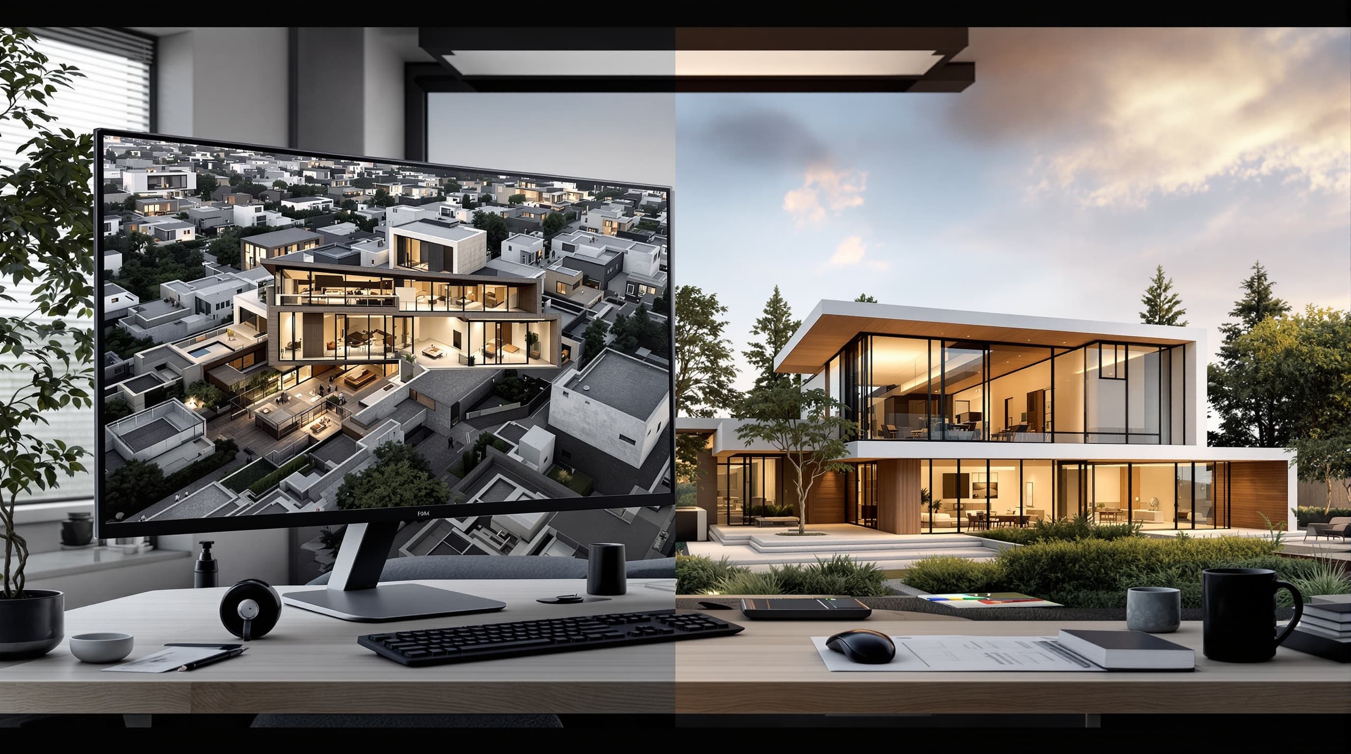 Photorealistic modern house render created from a rough architectural model.