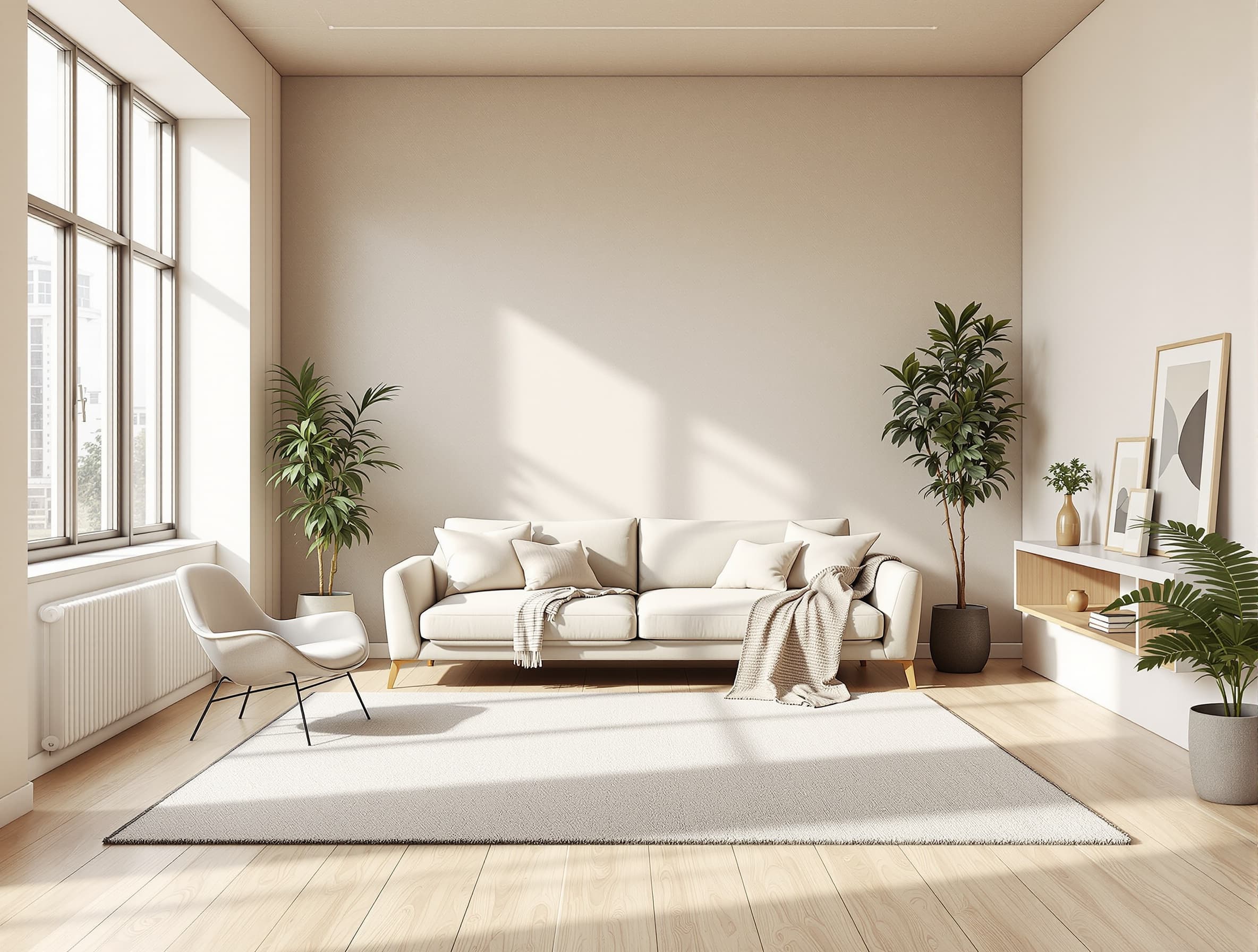 AI staged living room interior with furniture and warm daylight.